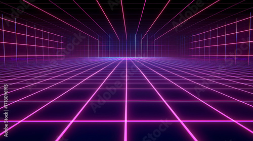 A large room with a purple and red floor