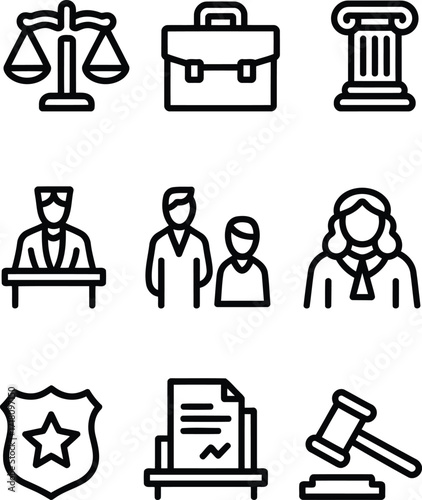 A Collection of Law and Legal Icons Depicting Important Elements and Representations of the Justice System Process in Bold Line Style