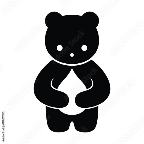A simple black silhouette of a cute bear holding a white water droplet.