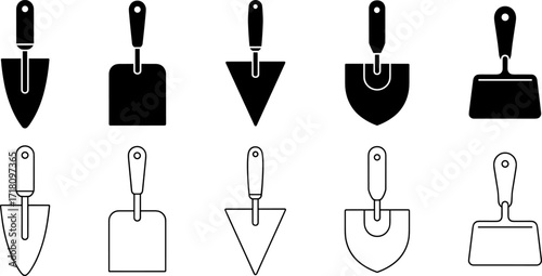 Diverse Trowel Collection: An assortment of ten uniquely shaped trowels, both in silhouette and outline form, presented on a neutral background.