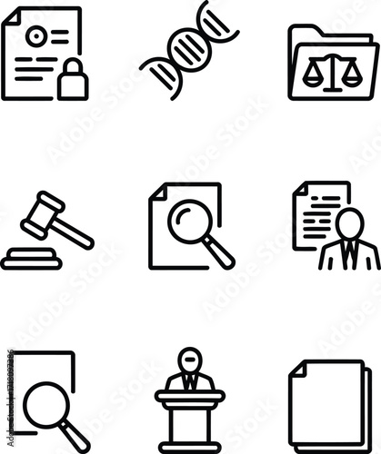 Law and Justice Icon Set Depicting Legal Processes, DNA Evidence, Document Analysis, and Courtroom Proceedings with Clean, Modern Line Art Style