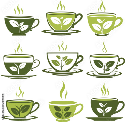 Collection of Green Tea Cups with Leaf Designs