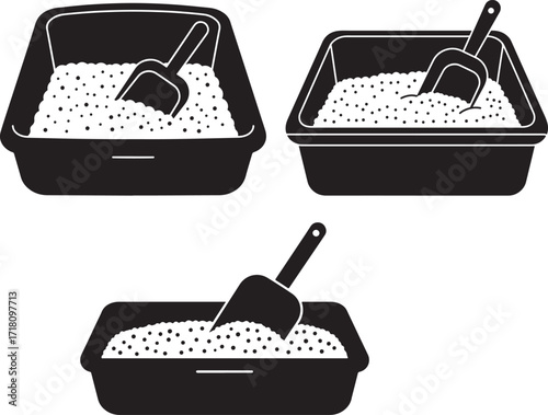 Three litter boxes with scoops illustrated in silhouette style