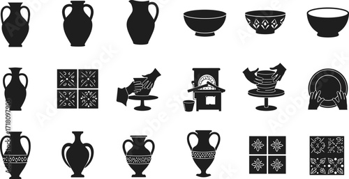 Black Silhouette Icons of Kitchenware and Pottery Featuring Vases, Bowls, Tiles, Hands Washing Dishes, Oven, and Cooking Scene
