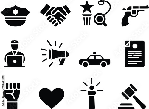 A Collection of Law Enforcement and Justice Related Icons Depicting Policing Legalities and Social Justice Advocacy Symbolism Representing Various Facets of the System
