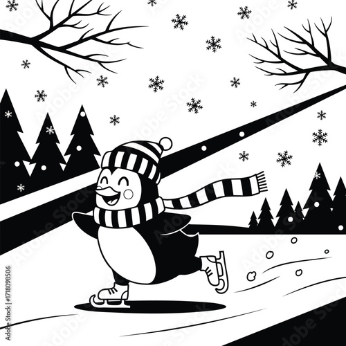 Cheerful black and white illustration of a penguin wearing a striped hat and scarf while ice skating.