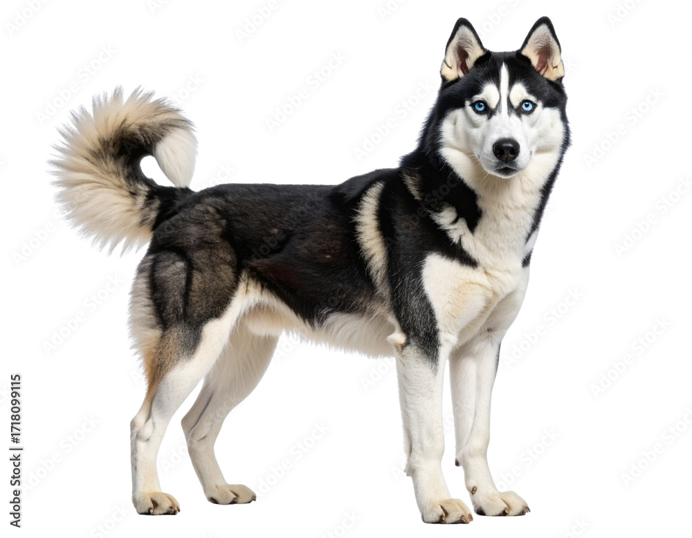 Obraz premium Siberian Husky Standing in Profile with Piercing Blue Eyes, Transparent Background”