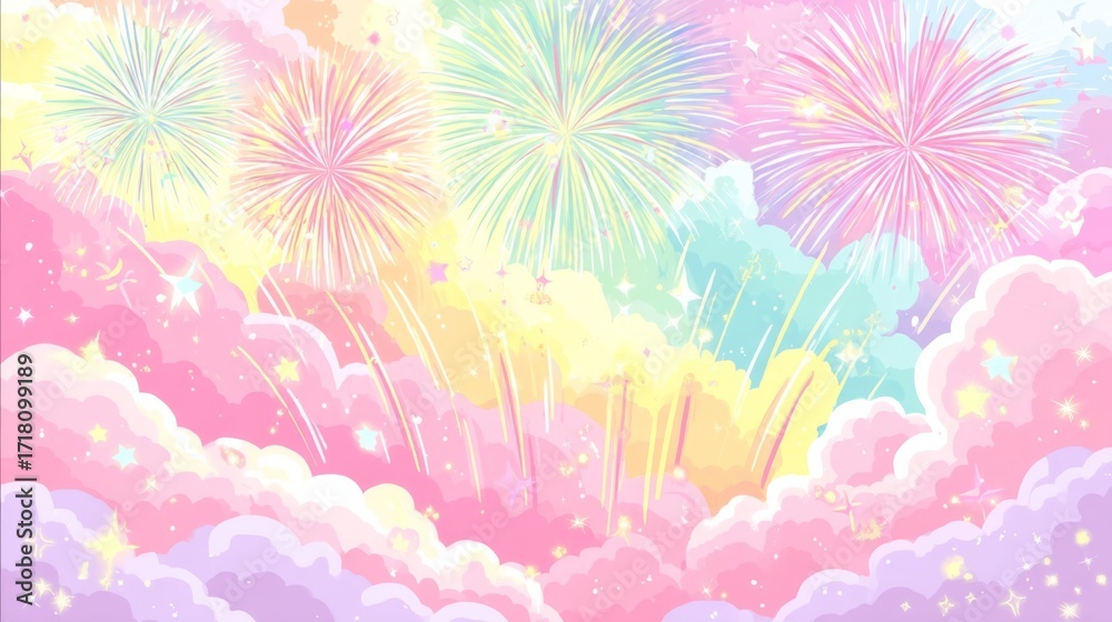 Naklejka premium A vibrant sky filled with colorful fireworks in purple, green, blue, and yellow, soft pastel clouds in pink, purple,