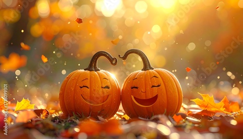 Two pumpkins with happy faces in autumn leaves