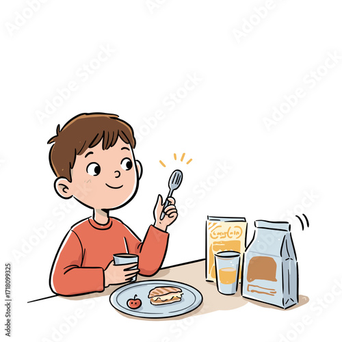 Young boy happily eating breakfast with spoon at the table  