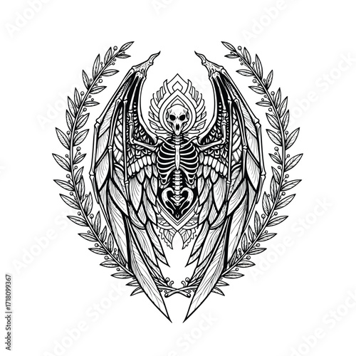 Gothic illustration of a winged skeleton angel of death within a laurel wreath.