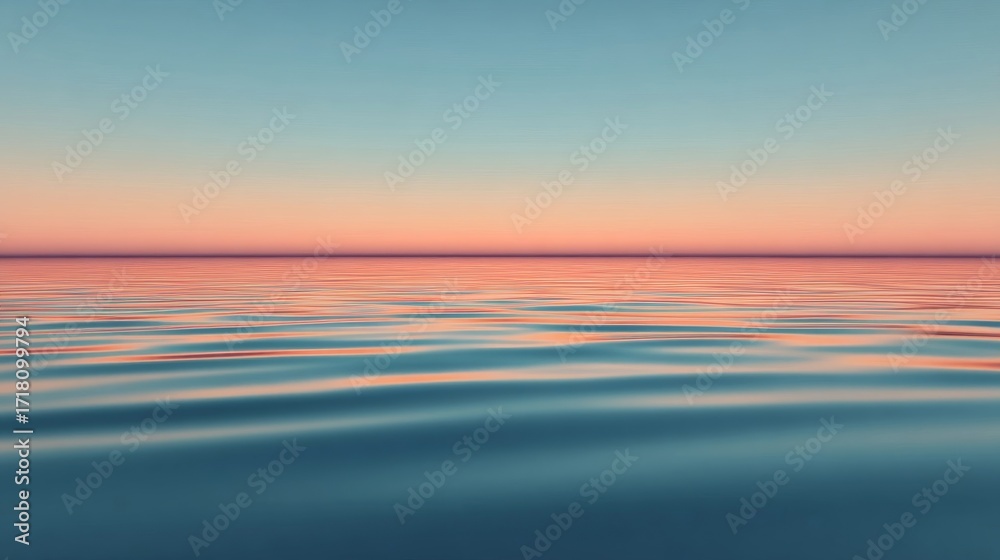 Obraz premium A serene and expansive ocean view with calm rippling waves under a gradient sky transitioning from soft blue to warm pin