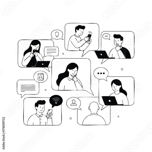 Handdrawn doodle illustration of people communicating online in a virtual network.