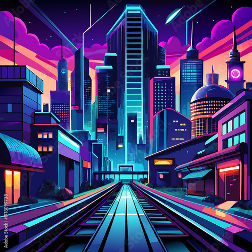 Wallpaper Mural Colorful Futuristic Urban Night Scene with Neon Lights and Rail Lines, Ai Generated Torontodigital.ca