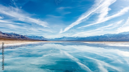 Serene expansive lake with crystal clear water perfectly mirroring the sky, harmonious blue hues, wispy clouds,