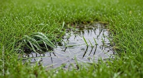 Puddle in Grass, Wet Lawn, Water Reflection, Green Grass, Nature Scene.