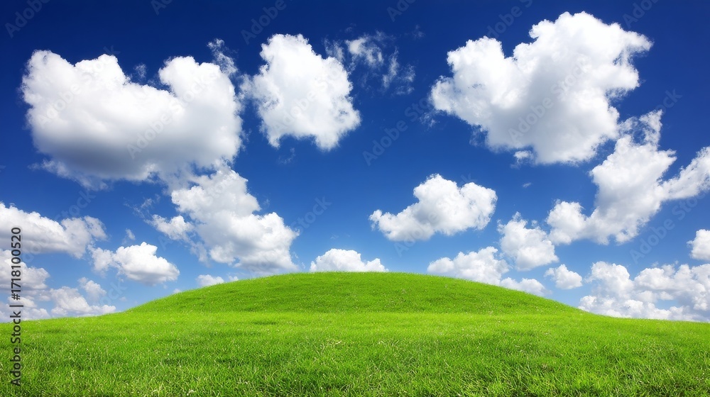 Obraz premium A vast green meadow stretches to a small hill, covered in dense,