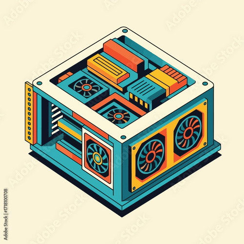 Isometric Computer Case Illustration with Cooling Fans and Ports for Desktop PC Enthusiasts and Digital Artists
