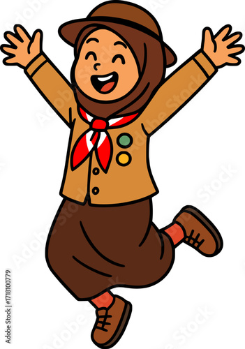 Energetic cartoon girl scout in hijab jumping mid-air with joy, playful and dynamic style