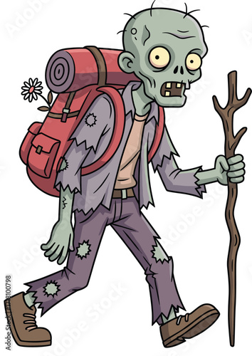 Cartoon zombie traveler with backpack, hiking stick, flower detail, humorous undead character in tattered clothes, isolated vector for adventure and horror themes