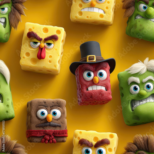 Angry Cartoon Food Characters on Yellow Backdrop, AI Generated