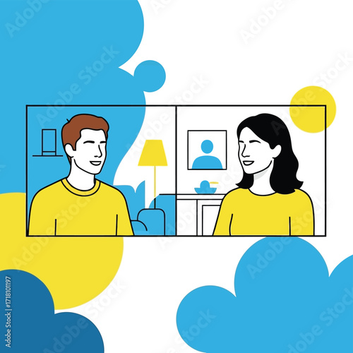 Man in yellow shirt during video call with colorful background illustrating modern communication and connection technology for remote work concept