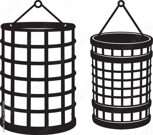 Two cylindrical hay feeders for livestock shown in silhouette style