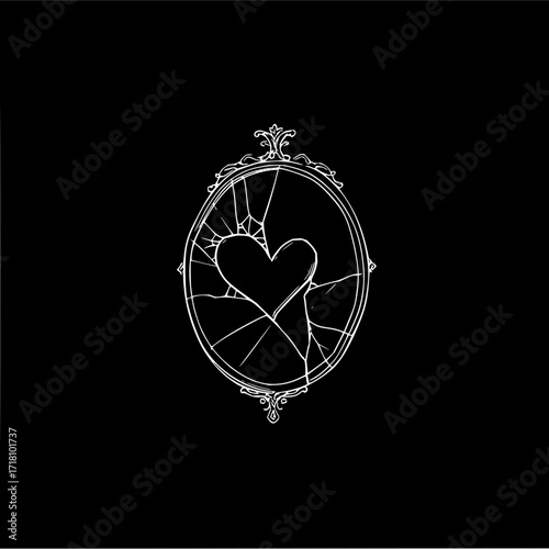 Broken heart in vintage mirror drawing illustration vector art design for valentine s day and heartbreak theme