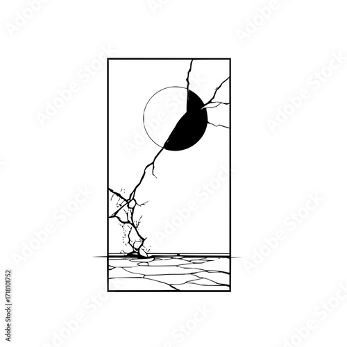 Minimalist black and white landscape art print with cracked earth and eclipse drawing illustration design