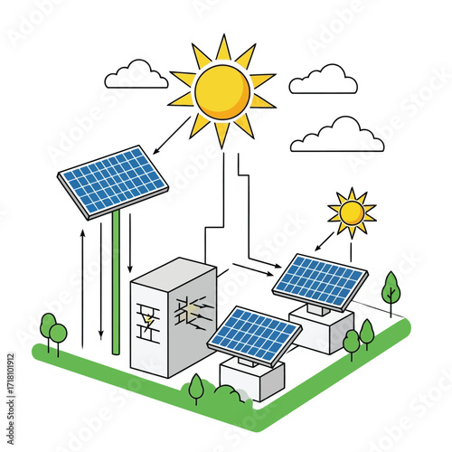 Renewable energy illustration featuring solar panels a building and stylized sun representing sustainable energy solutions