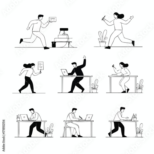 Set of minimalist black and white line art drawings of office people working on laptops running with documents and celebrating.