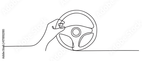 single line drawing of hand and steering wheel of car.single line vector of hand holding steering wheel of car. one line Icon drawing with white background