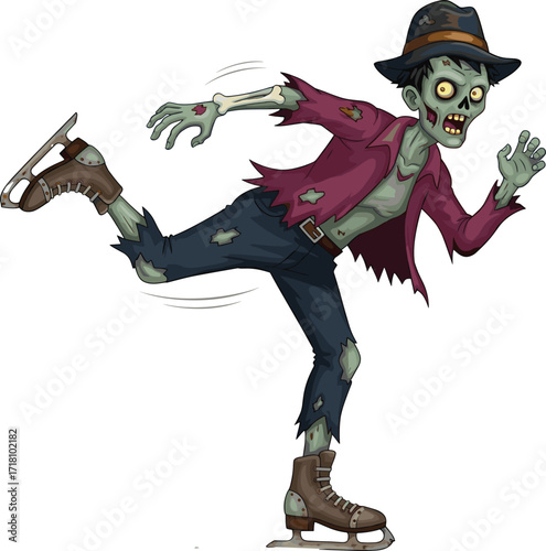 Zombie ice skater in vintage hat and torn jacket, cartoon horror character, Halloween fun, spooky skating, animated undead figure