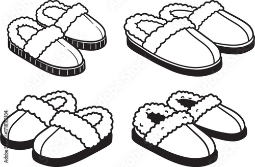 Four pairs of cozy winter slippers in a simple line drawing silhouette
