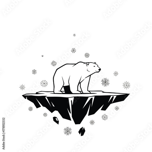 Simple black and white vector art of a polar bear on a floating iceberg with falling snowflakes.