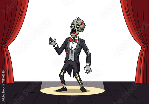 Zombie opera singer in tuxedo, undead performer on stage, horror musical scene, cartoon character in spotlight, spooky concert night, scary theater illustration