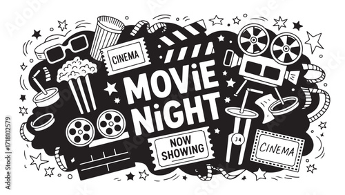 Doodle illustration of movie night showing popcorn 3D glasses clapperboard and retro movie camera symbolizing entertainment cinema and fun