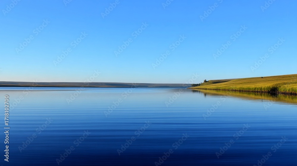 Fototapeta premium A serene lake with calm, glass-like water reflects the clear blue sky, showing gentle ripples and mirror effects,