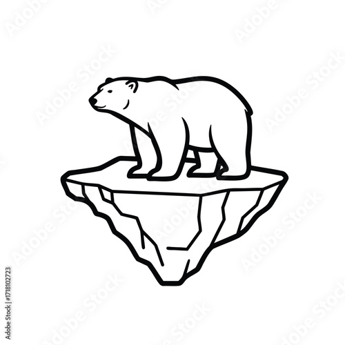 Stylized black and white line art of a polar bear standing on a small floating iceberg.