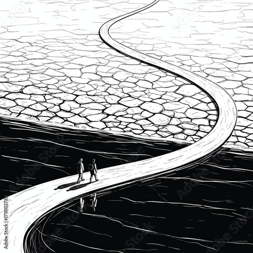 Two figures walk a winding path between a dark reflective abyss and a dry cracked desert landscape.