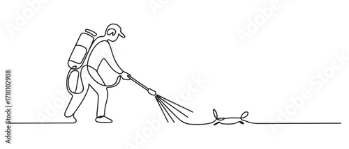 continuous line of pest control. one line drawing of pest controller spraying disinfectant. one line Icon drawing with white background