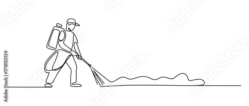 continuous line of pest control. one line drawing of pest controller spraying disinfectant. one line Icon drawing with white background