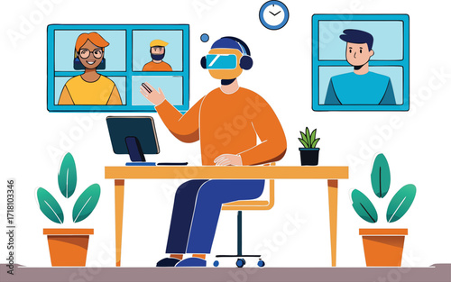 Man wearing vr headset attending virtual meeting with colleagues on screen