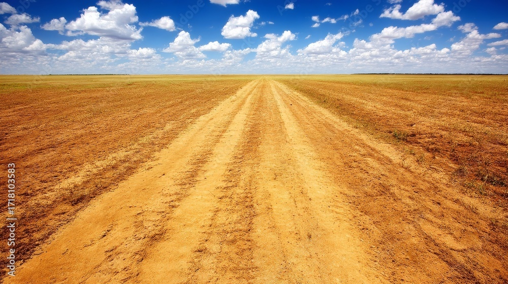 Fototapeta premium A straight dirt road stretches through a vast arid landscape with dry brown earth and sparse vegetation under a bright b
