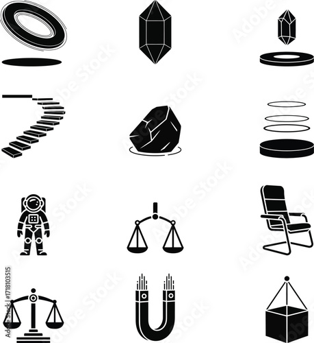 Abstract and science icons set abstract, science, crystal, stairs, rock