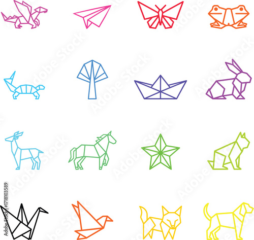 Origami animals and shapes icon set origami, paper, animal, butterfly, frog, turtle