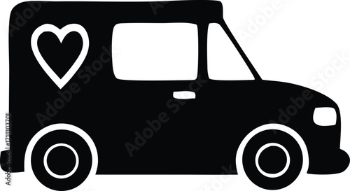 Silhouette of a medical ambulance van with heart emblem on its side representing care and emergency services transport
