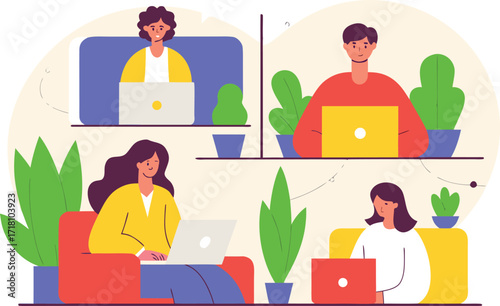 Diverse group of people working remotely on laptops in a modern home office setting