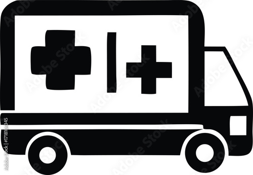 Simple black and white silhouette icon of an ambulance vehicle with medical cross symbols for emergency healthcare services