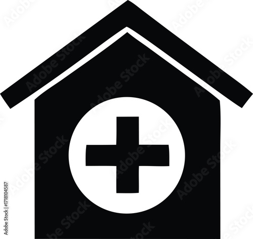 Modern silhouette hospital building symbol with medical cross icon for healthcare services and medical facilities
